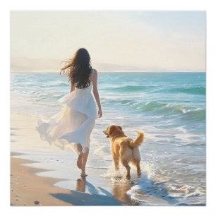 Vrouw en hond wandelen op het strand bij zonsonder perfect poster