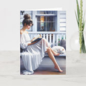  vrouw en kat op veranda schommel kaart (Voorkant)