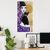 Vrouw en kat Paarse grillige kunst Poster (Thuiskantoor)