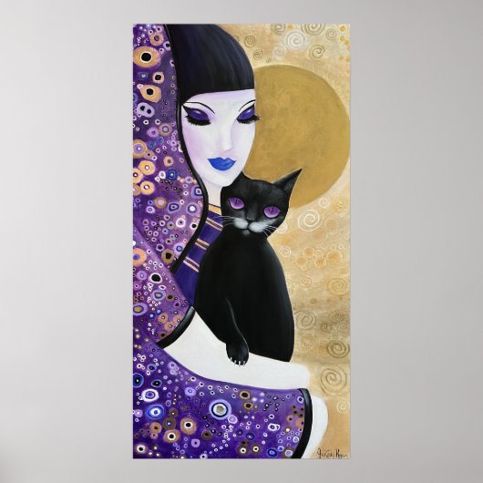 Vrouw en kat Paarse grillige kunst Poster (Voorkant)