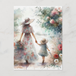 Vrouw en kind in bloementuin Moederdag Briefkaart
