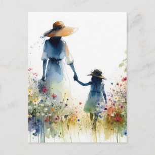 Vrouw en kind met bloemen Bloemrijke Moederdag Briefkaart
