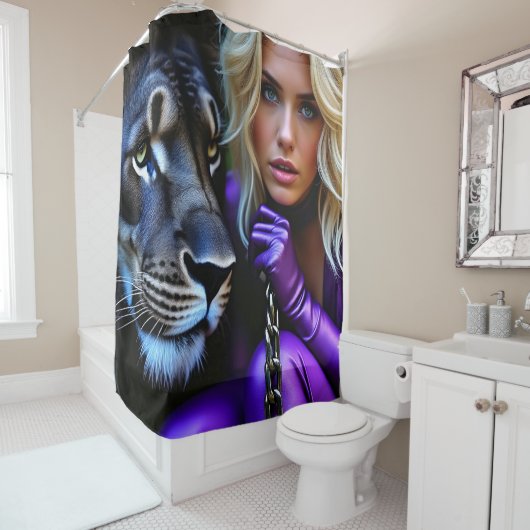Vrouw en leeuw douchegordijn (In situ)