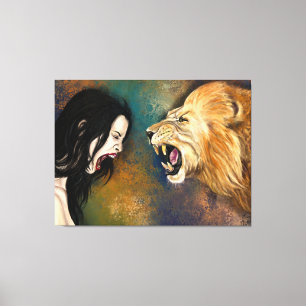 Vrouw en Leeuw Schreeuw Canvas Print - Schilderij
