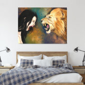 Vrouw en Leeuw Schreeuw Canvas Print - Schilderij (Insitu (Slaapkamer))