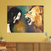 Vrouw en Leeuw Schreeuw Canvas Print - Schilderij (Insitu (Woonkamer))