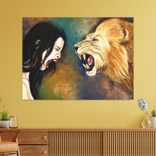 Vrouw en Leeuw Schreeuw Canvas Print - Schilderij (Insitu (Woonkamer))