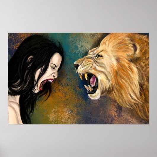 Vrouw en Leeuw Schreeuw Poster - Schilderij (Voorkant)