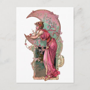 Vrouw en maan, art nouveau, romantisch vintage briefkaart