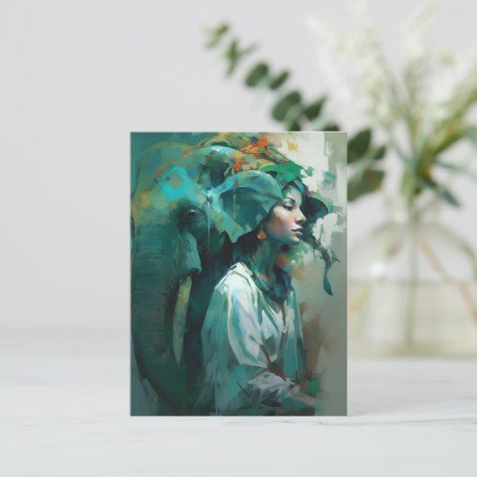 Vrouw en olifant briefkaart (Staand voorkant)