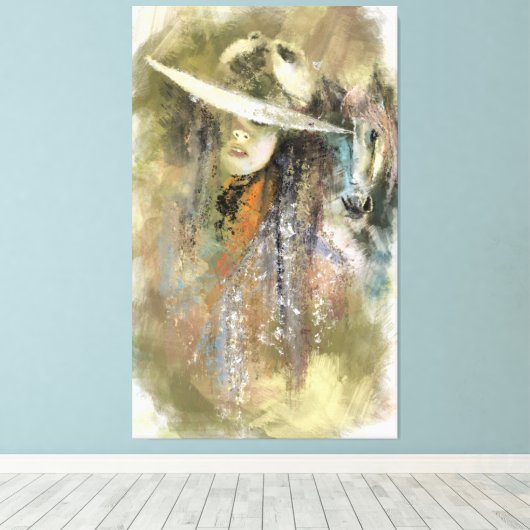 Vrouw en Paard Canvas Print - Schilderij (Insitu (Houten vloer))