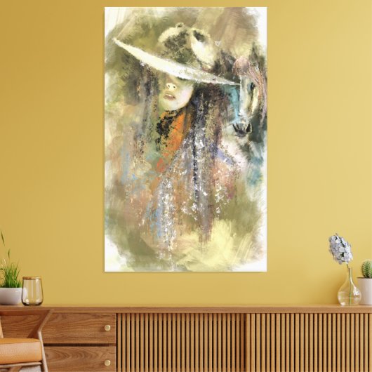 Vrouw en Paard Canvas Print - Schilderij (Insitu (Woonkamer))