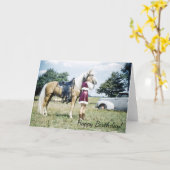 Vrouw en Paard, Retro Fifties Pony Verjaardagswens Kaart (Gele Bloem)