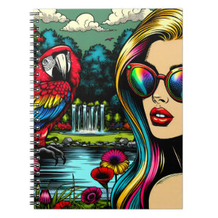 Vrouw en papegaai in de park Pop Art Notitieboek