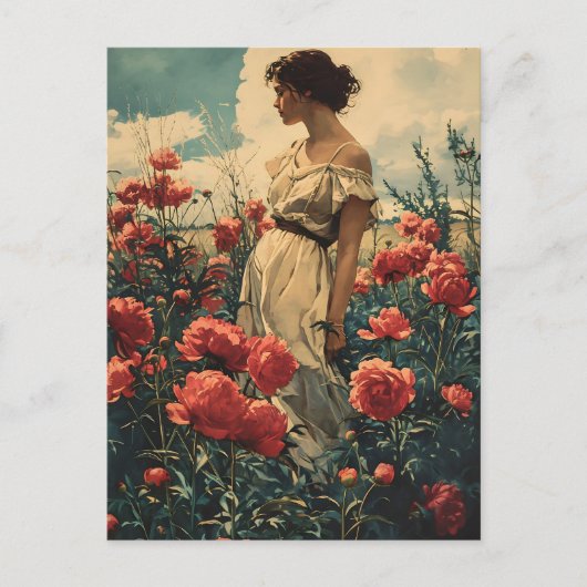 Vrouw en pioenen briefkaart (Voorkant)