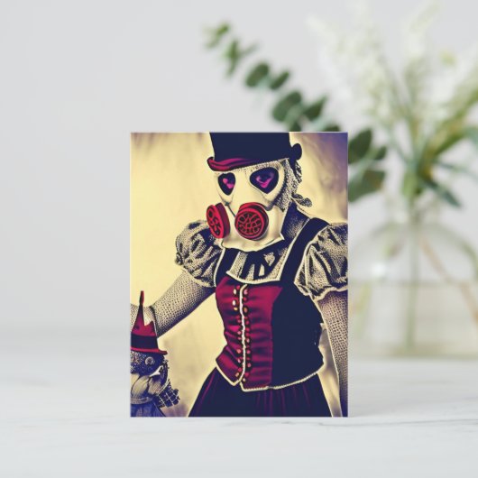 Vrouw en pop in een gasmasker briefkaart (Staand voorkant)