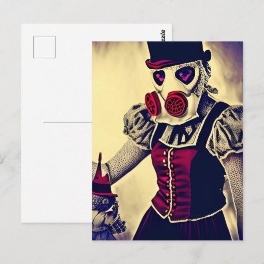 Vrouw en pop in een gasmasker briefkaart (Voorkant / Achterkant)