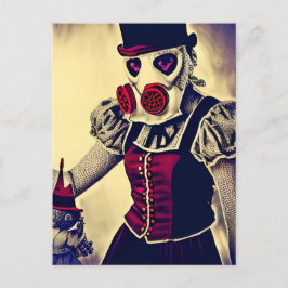 Vrouw en pop in een gasmasker briefkaart