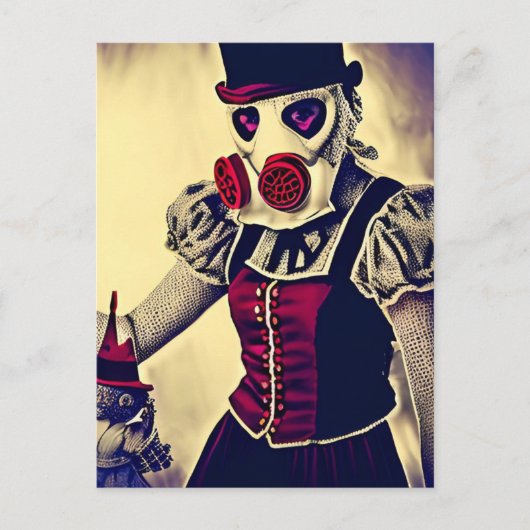 Vrouw en pop in een gasmasker briefkaart (Voorkant)
