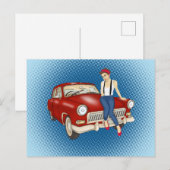  vrouw en rode auto briefkaart (Voorkant / Achterkant)