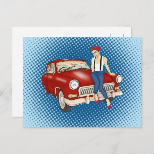 vrouw en rode auto briefkaart (Voorkant / Achterkant)