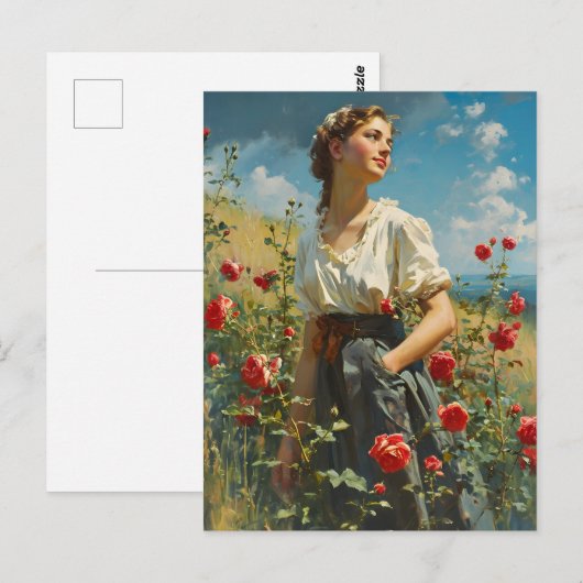 Vrouw en rozen  briefkaart (Voorkant / Achterkant)