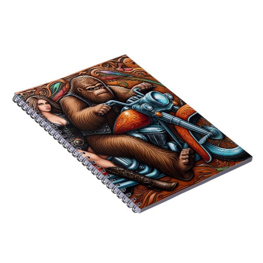 Vrouw en Sasquatch op Motorfiets Notitieboek (Rechterzijde)