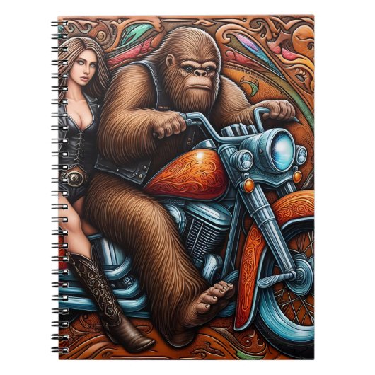 Vrouw en Sasquatch op Motorfiets Notitieboek (Voorkant)