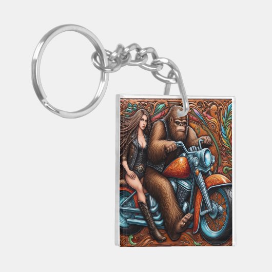 Vrouw en Sasquatch op Motorfiets Sleutelhanger (Voorkant Links)