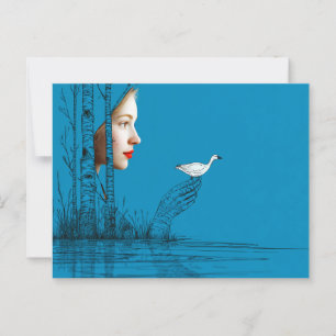 Vrouw en sneeuwgans, minimalistische lijnkunst briefkaart