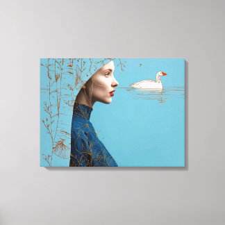 Vrouw en sneeuwgans, minimalistische lijnkunst canvas afdruk