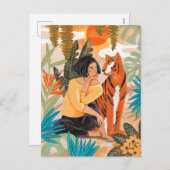 Vrouw en tijger oerwoud zonsondergang feestdagenkaart (Voorkant / Achterkant)