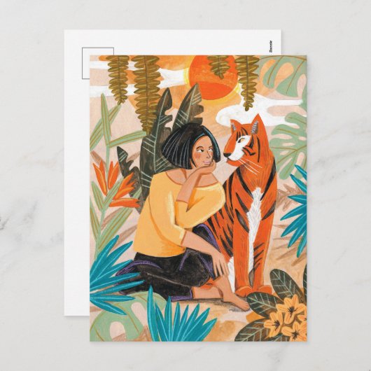 Vrouw en tijger oerwoud zonsondergang feestdagenkaart (Voorkant / Achterkant)