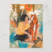 Vrouw en tijger oerwoud zonsondergang feestdagenkaart (Voorkant)