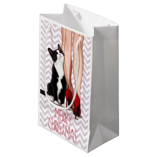 Vrouw en Tuxedo Cat Klein Cadeauzakje (Voorkant Gekanteld)