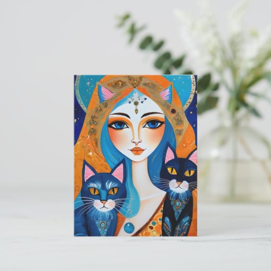 Vrouw en Twee Katten Briefkaart (Staand voorkant)