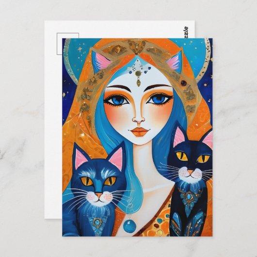Vrouw en Twee Katten Briefkaart (Voorkant / Achterkant)
