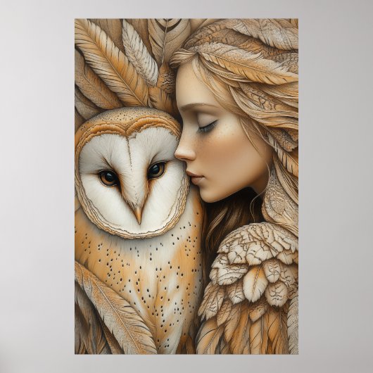 Vrouw en uil in veren poster (Voorkant)