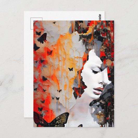 Vrouw en Vlinders Grunge Schilderij Briefkaart (Voorkant / Achterkant)