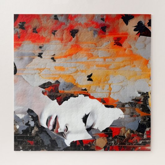 Vrouw en Vlinders Grunge Schilderij Legpuzzel (Horizontaal)