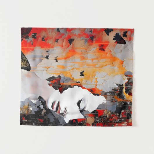 Vrouw en Vlinders Grunge Schilderij Wandkleed (Voorkant (horizontaal))