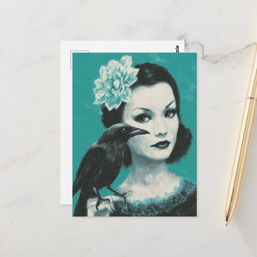 Vrouw en vogel briefkaart (Voorkant / Achterkant in situ)