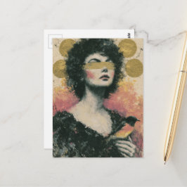 Vrouw en Vogel Mixed Media Collage Briefkaart