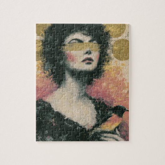 Vrouw en Vogel Mixed Media Collage Legpuzzel (Verticaal)