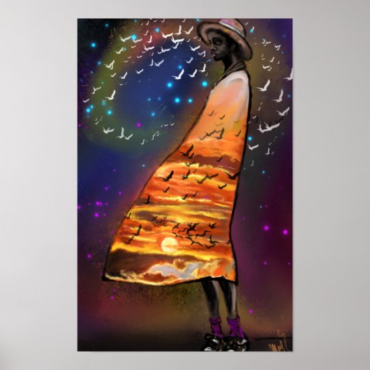 Vrouw en Vogels Kunst Zonsondergang Poster Print - (Voorkant)