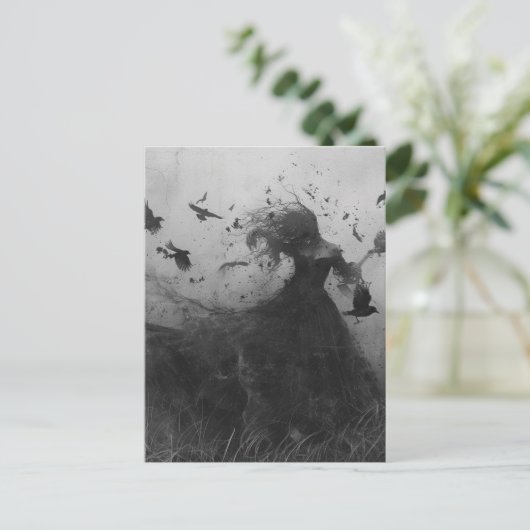 Vrouw en vogels zwart en wit briefkaart (Staand voorkant)