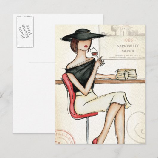 Vrouw en wijnglas briefkaart (Voorkant / Achterkant)