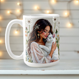 Vrouw en witte kat en paardenbloemen koffiemok