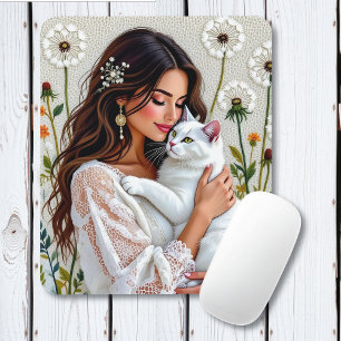 Vrouw en witte kat en paardenbloemen muismat