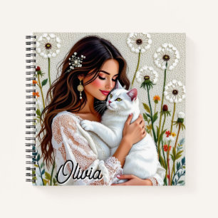 Vrouw en witte kat en paardenbloemen  notitieboek